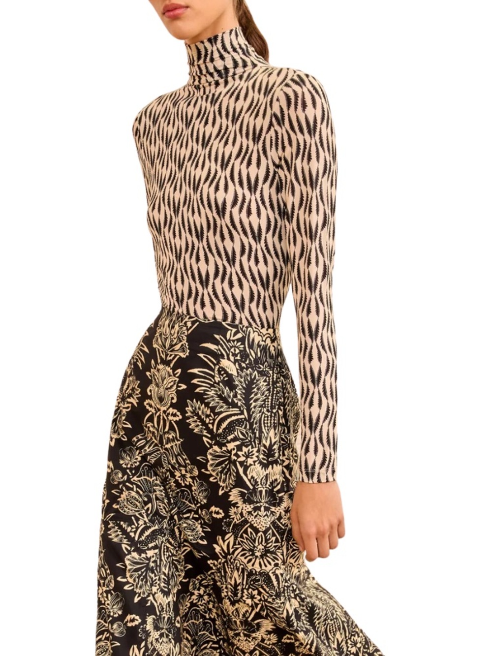 Ulla Johnson Aurelia Long-Sleeve Mock Neck Top in Black and Cream